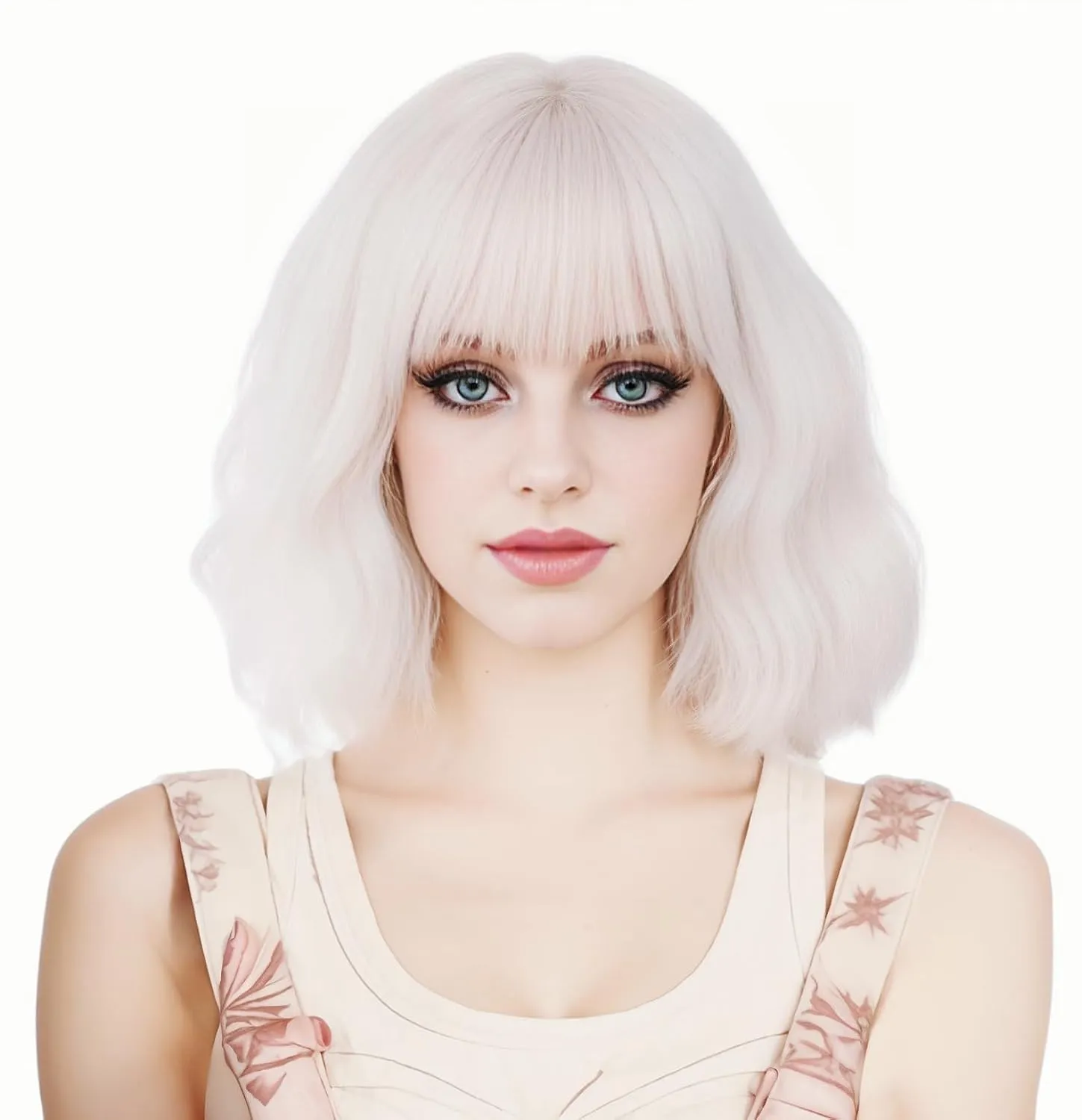 Short Platinum Blonde Bob Wig for Women Wavy Creamy Champaign White Wig with Bangs Shoulder Length Synthetic Costume Wig for Halloween,Cosplay,Daily Use
