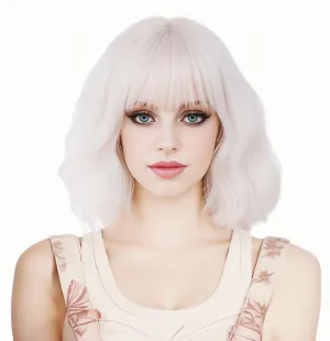 Short Platinum Blonde Bob Wig for Women Wavy Creamy Champaign White Wig with Bangs Shoulder Length Synthetic Costume Wig for Halloween,Cosplay,Daily Use