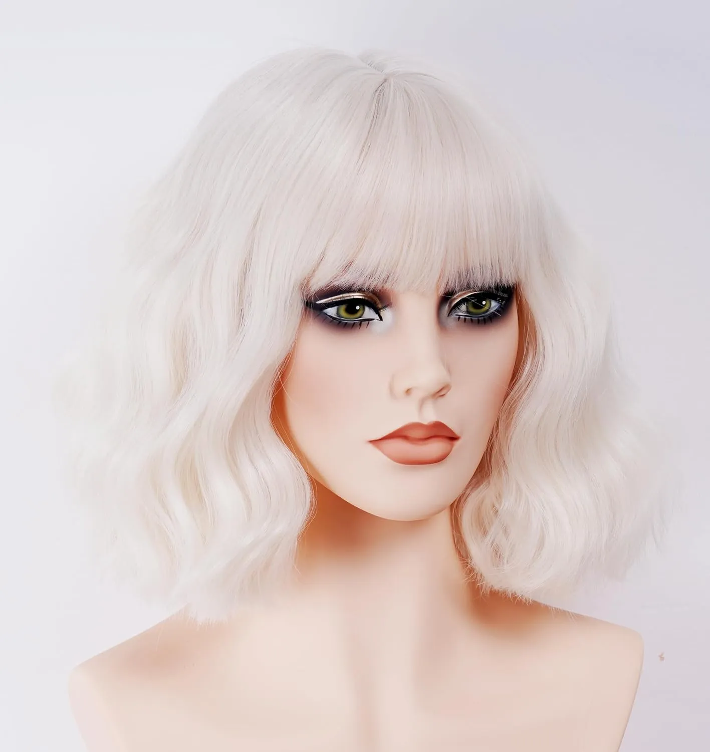 Short Platinum Blonde Bob Wig for Women Wavy Creamy Champaign White Wig with Bangs Shoulder Length Synthetic Costume Wig for Halloween,Cosplay,Daily Use