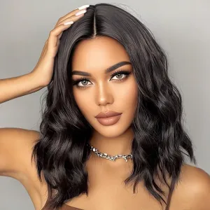 Short Wavy Bob Wigs for Women Black Wig with Lace Synthetic Wigs for Black Women 14 Inch Middle Part Wig Black Curly Wigs for White Women Shoulder Length for Daily (#1B Natural Black)