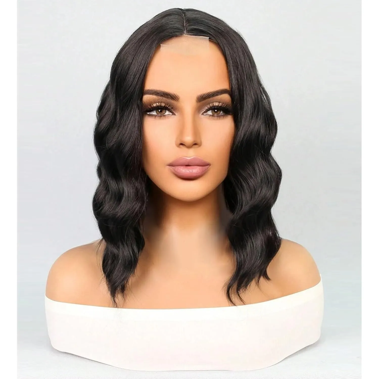 Short Wavy Bob Wigs for Women Black Wig with Lace Synthetic Wigs for Black Women 14 Inch Middle Part Wig Black Curly Wigs for White Women Shoulder Length for Daily (#1B Natural Black)