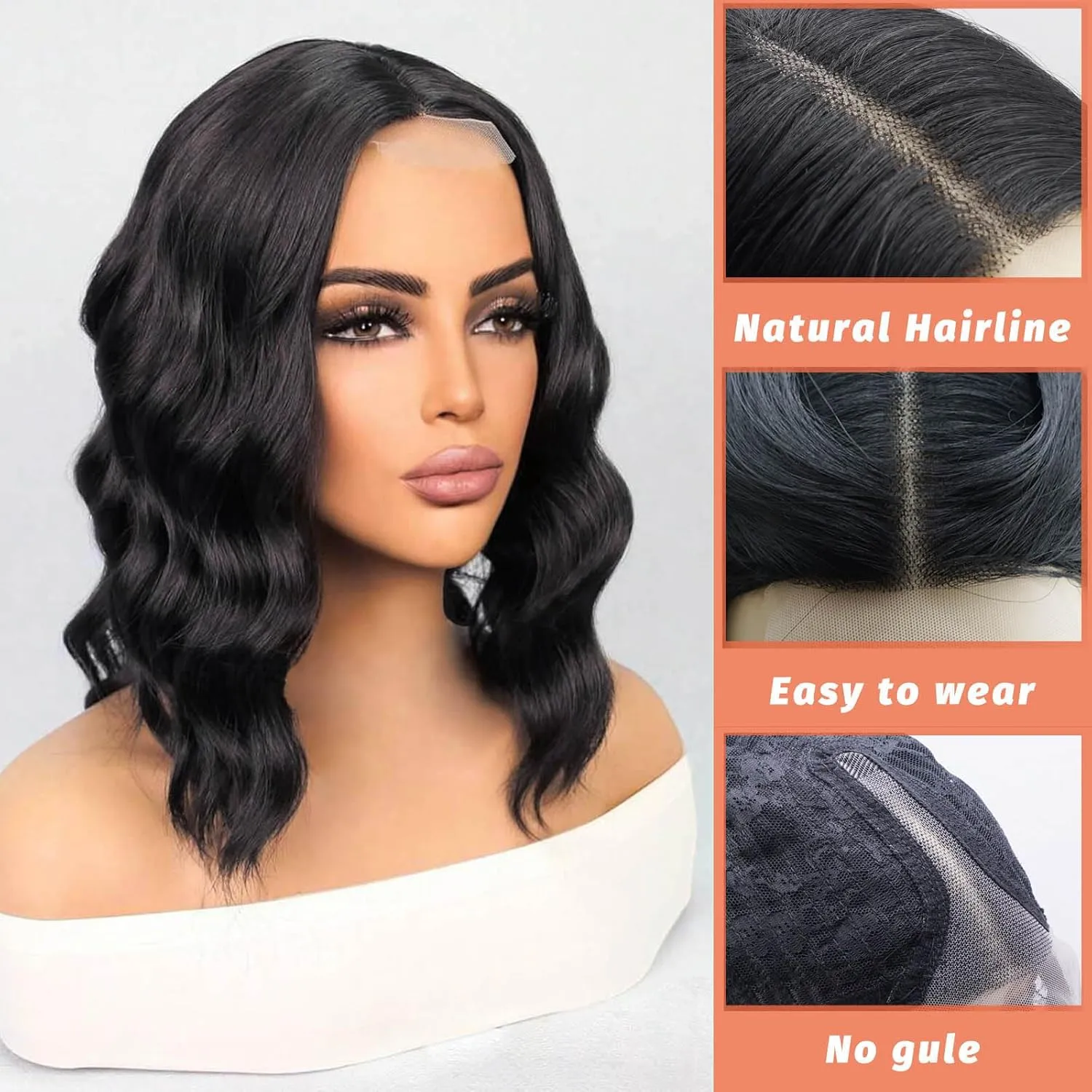 Short Wavy Bob Wigs for Women Black Wig with Lace Synthetic Wigs for Black Women 14 Inch Middle Part Wig Black Curly Wigs for White Women Shoulder Length for Daily (#1B Natural Black)