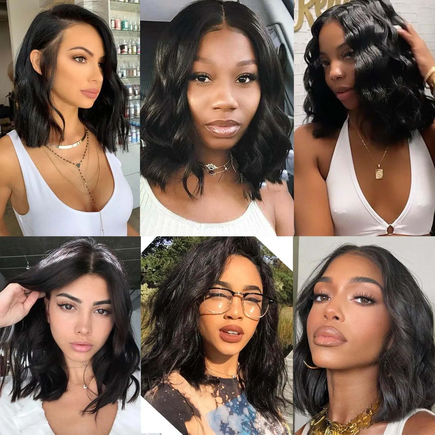 Short Wavy Bob Wigs for Women Black Wig with Lace Synthetic Wigs for Black Women 14 Inch Middle Part Wig Black Curly Wigs for White Women Shoulder Length for Daily (#1B Natural Black)