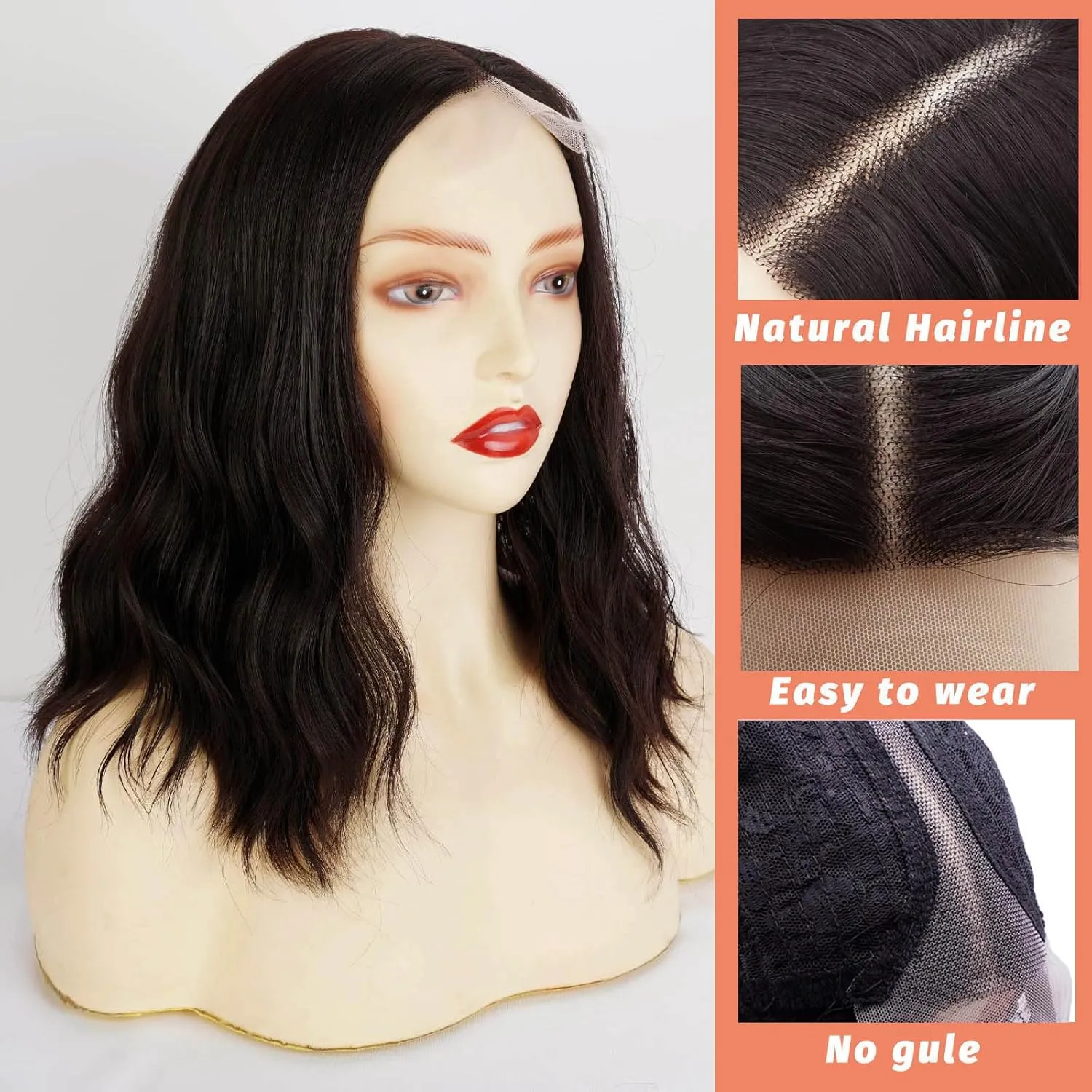 Short Wavy Bob Wigs for Women Dark Brown Wig with Lace Synthetic Wigs for White Women 14 Inch Middle Part Wig Brown Curly Wigs for Black Women Shoulder Length for Daily (#4 Dark Brown)