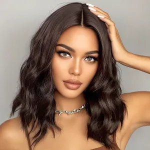 Short Wavy Bob Wigs for Women Dark Brown Wig with Lace Synthetic Wigs for White Women 14 Inch Middle Part Wig Brown Curly Wigs for Black Women Shoulder Length for Daily (#4 Dark Brown)