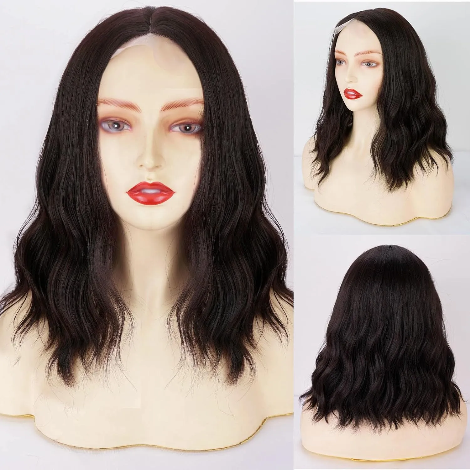 Short Wavy Bob Wigs for Women Dark Brown Wig with Lace Synthetic Wigs for White Women 14 Inch Middle Part Wig Brown Curly Wigs for Black Women Shoulder Length for Daily (#4 Dark Brown)