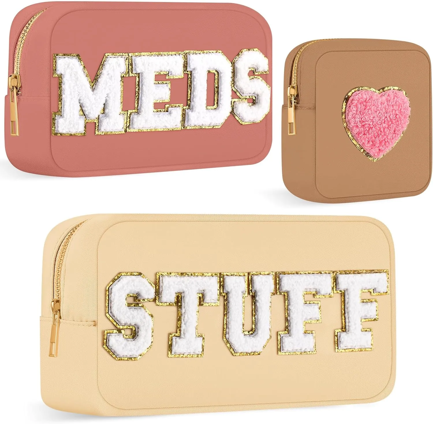 Silkfly 3 Pcs Preppy Makeup Bag Chenille Letter Nylon Cosmetic Bags Organizer Travel Pouches Set for Women(Stylish,Beige, Dusty Pink, Khaki)