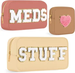 Silkfly 3 Pcs Preppy Makeup Bag Chenille Letter Nylon Cosmetic Bags Organizer Travel Pouches Set for Women(Stylish,Beige, Dusty Pink, Khaki)