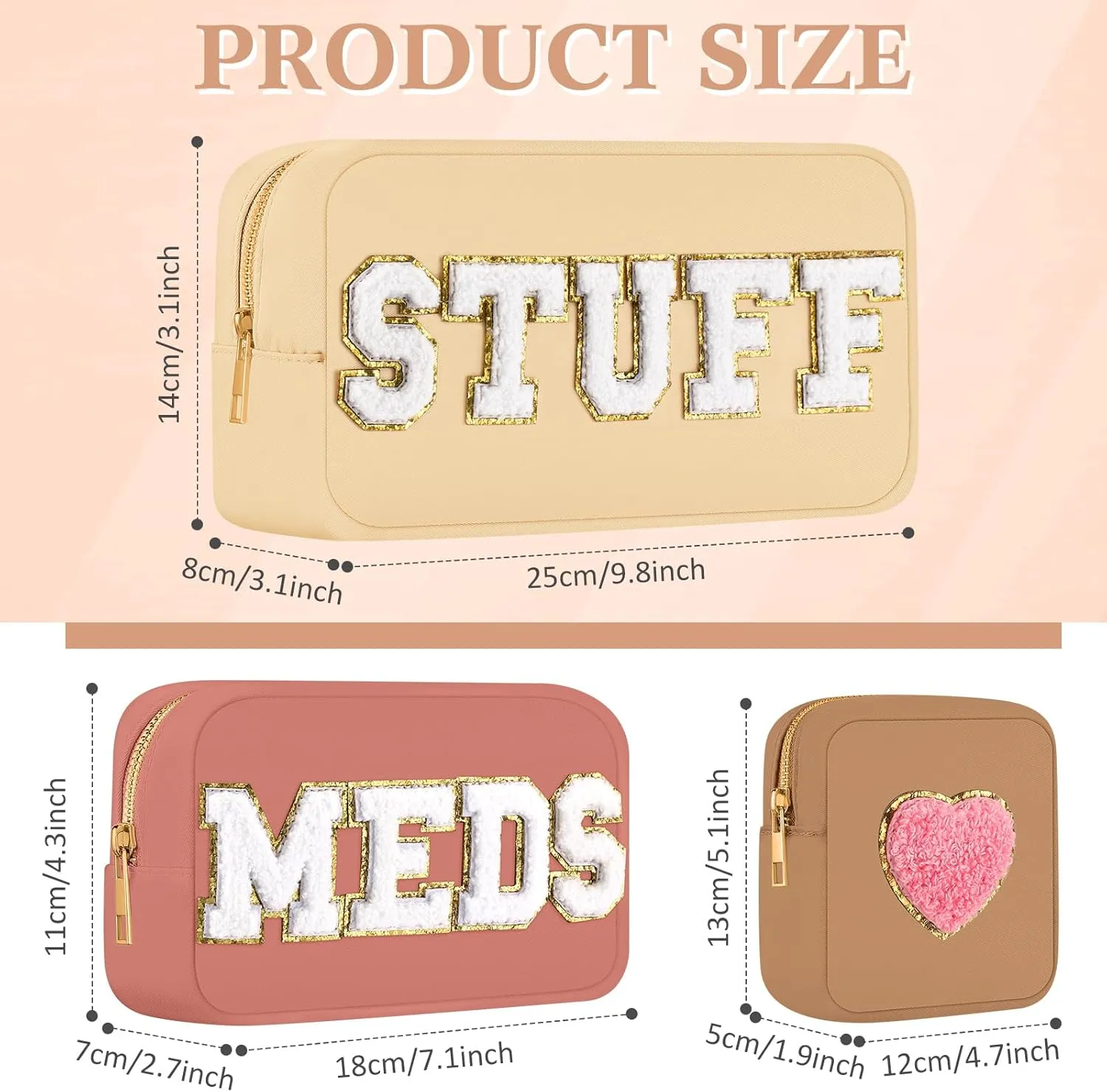 Silkfly 3 Pcs Preppy Makeup Bag Chenille Letter Nylon Cosmetic Bags Organizer Travel Pouches Set for Women(Stylish,Beige, Dusty Pink, Khaki)
