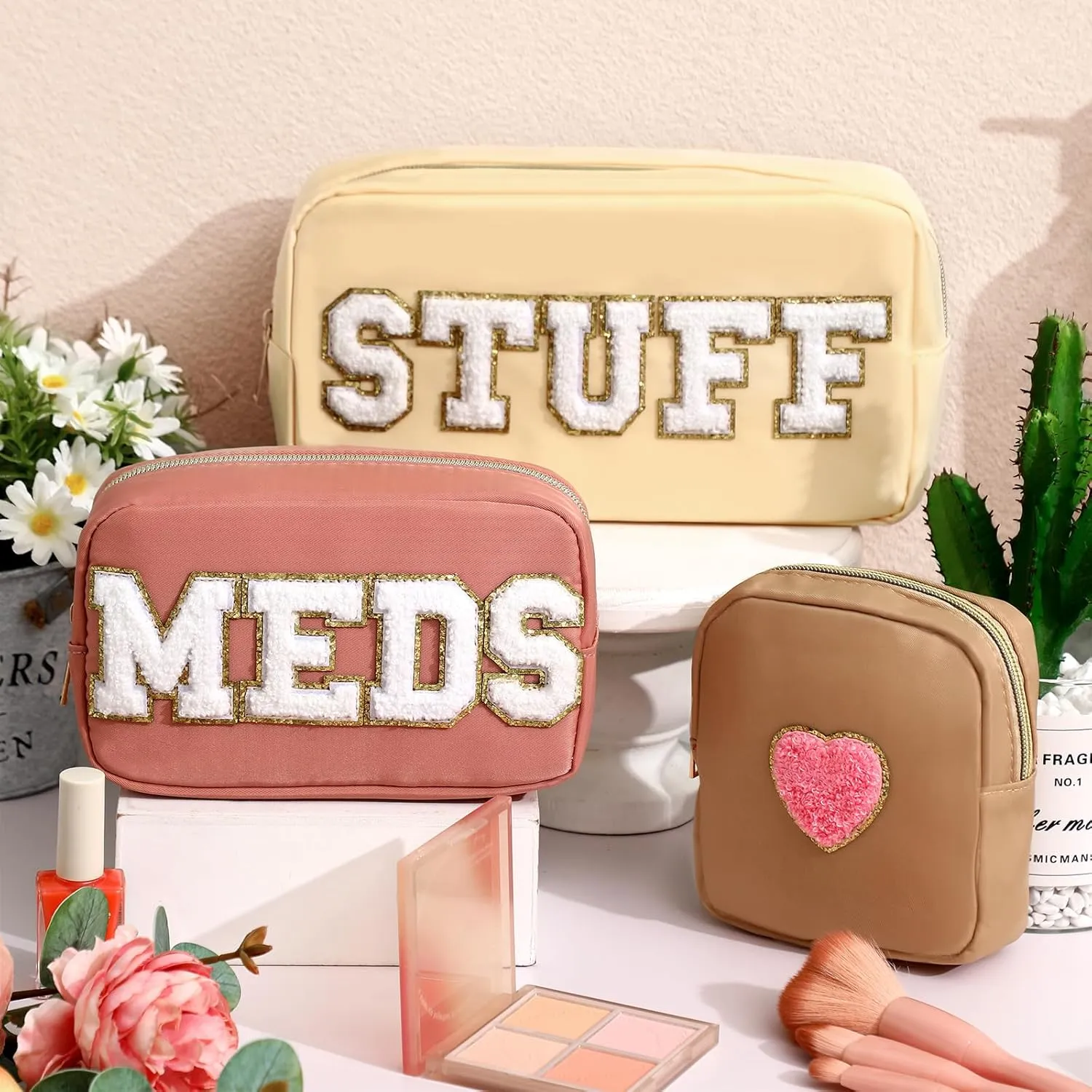 Silkfly 3 Pcs Preppy Makeup Bag Chenille Letter Nylon Cosmetic Bags Organizer Travel Pouches Set for Women(Stylish,Beige, Dusty Pink, Khaki)