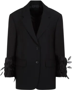 SINGLE-BREASTED WOOL JACKET WITH FEATHER TRIM