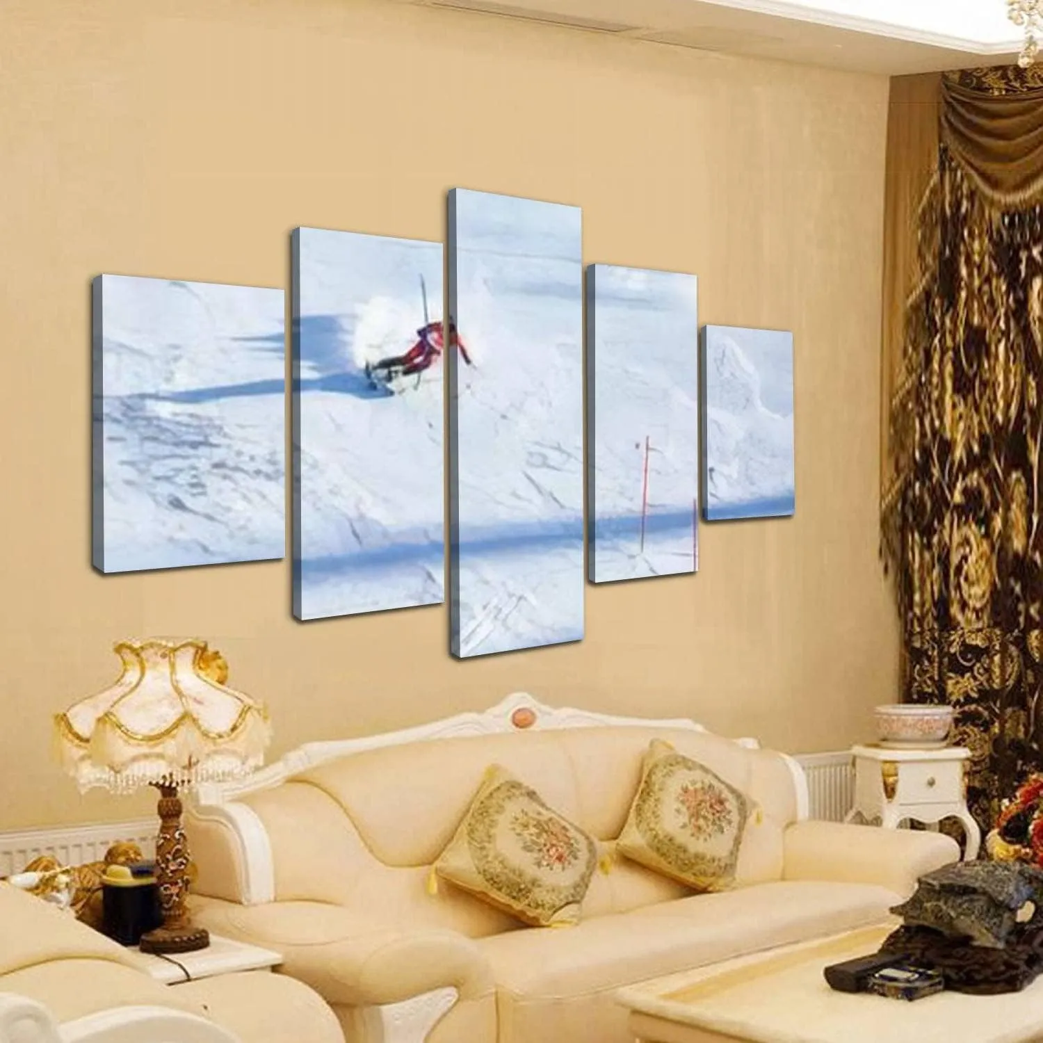 Skipvelo 5 Panel Canvas Wall Art Prints PyeongChang South Korea February 22 2018 Mens Slalom Alpine sking 2018 Paintings Artwork Home Decor Ready to Hang for Living Room Dining Room Large Size