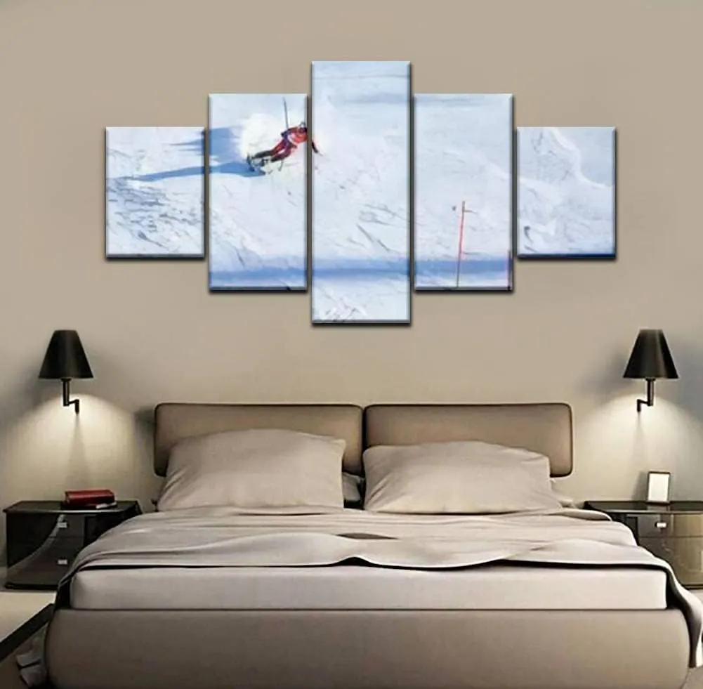 Skipvelo 5 Panel Canvas Wall Art Prints PyeongChang South Korea February 22 2018 Mens Slalom Alpine sking 2018 Paintings Artwork Home Decor Ready to Hang for Living Room Dining Room Large Size