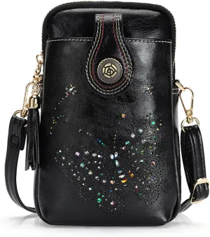 Small Crossbody Bags for Women, Lightweight Mini Cute Cell Phone Purse for Women with Tassel Shining Butterfly