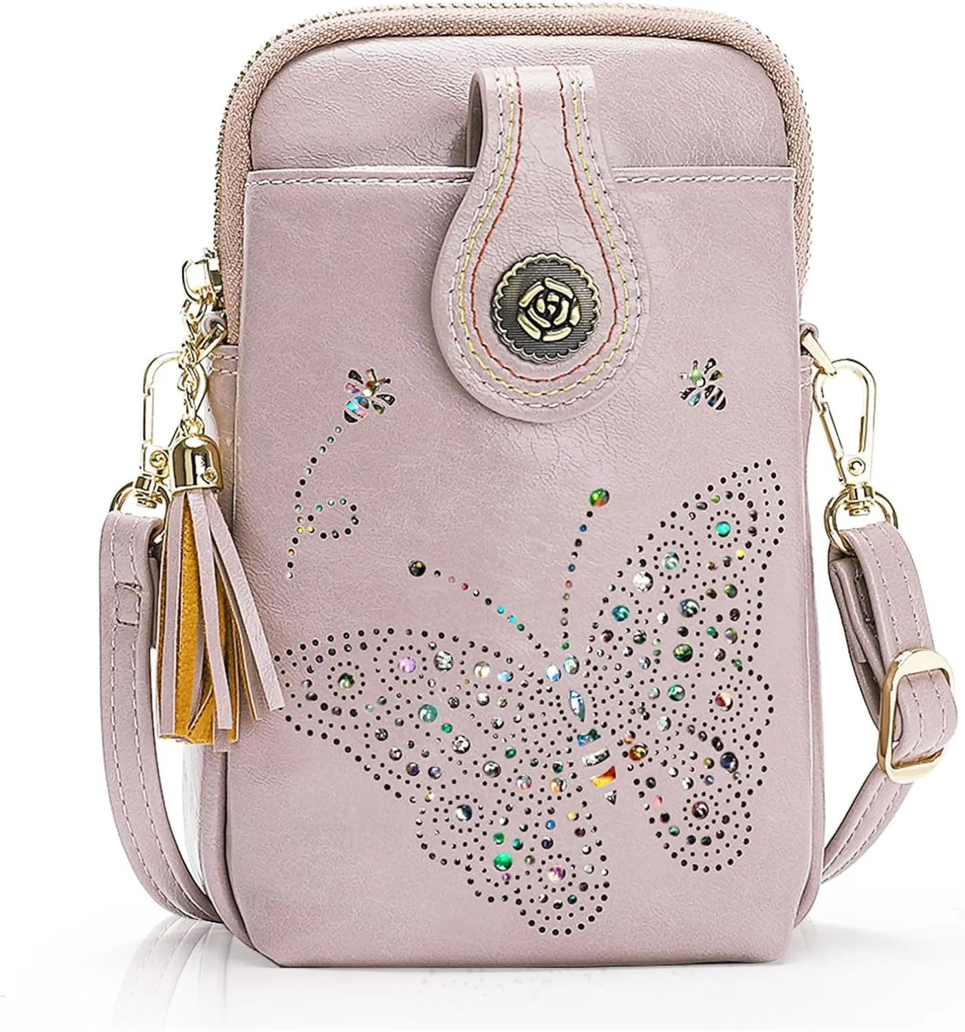 Small Crossbody Bags for Women, Lightweight Mini Cute Cell Phone Purse for Women with Tassel Shining Butterfly