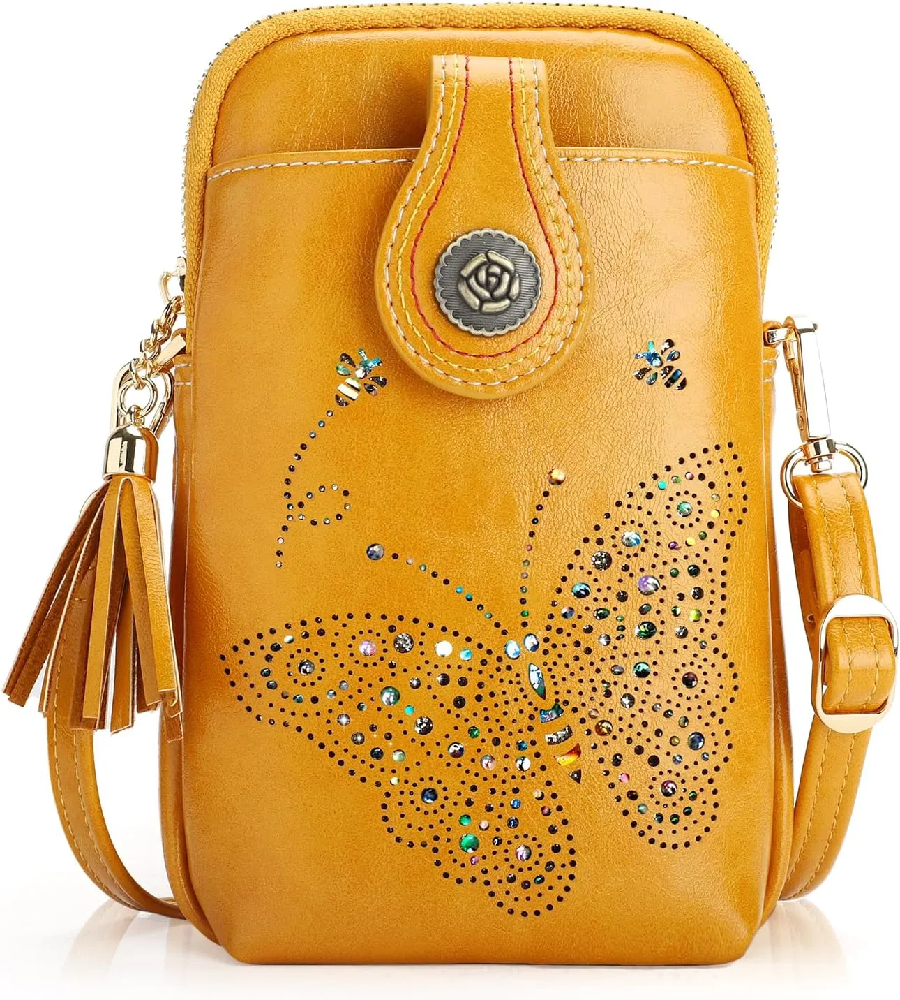 Small Crossbody Bags for Women, Lightweight Mini Cute Cell Phone Purse for Women with Tassel Shining Butterfly