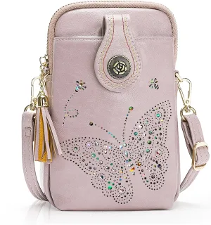 Small Crossbody Bags for Women, Lightweight Mini Cute Cell Phone Purse for Women with Tassel Shining Butterfly