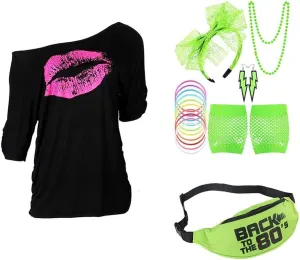 Smile Fish Women 80s Costumes Lips Print Off Shoulder T-Shirt Tutu Skirts Leg Warmers Accessories