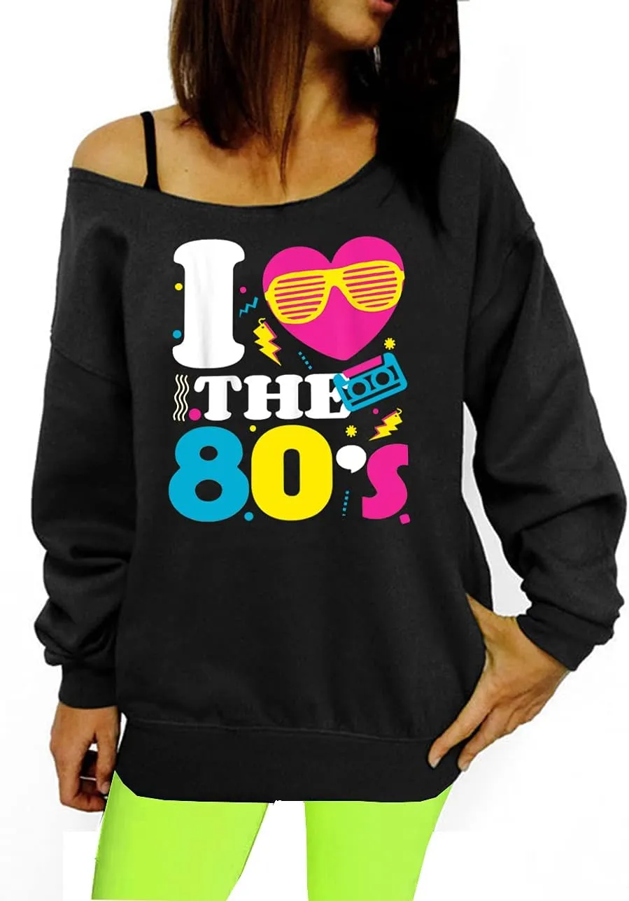 Smile Fish Women's Sexy Off The Shoulder 80s Outfit Sweatshirt Slouchy Printed Long Tunics Top