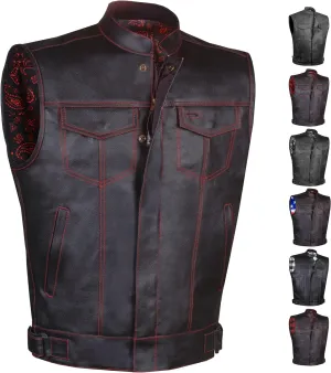 SOA Men's Leather Motorcycle Concealed Gun Pockets Biker Club Vest w/Armor