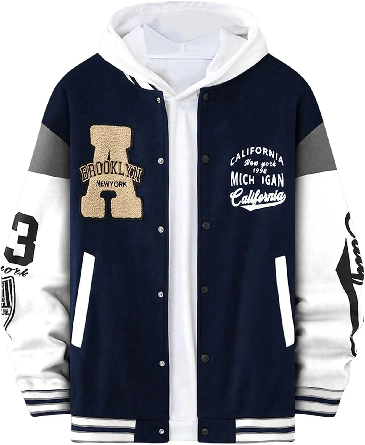 SOLY HUX Men's Letter Graphic Varsity Jacket Color Block Long Sleeve Baseball Jacket with Pockets