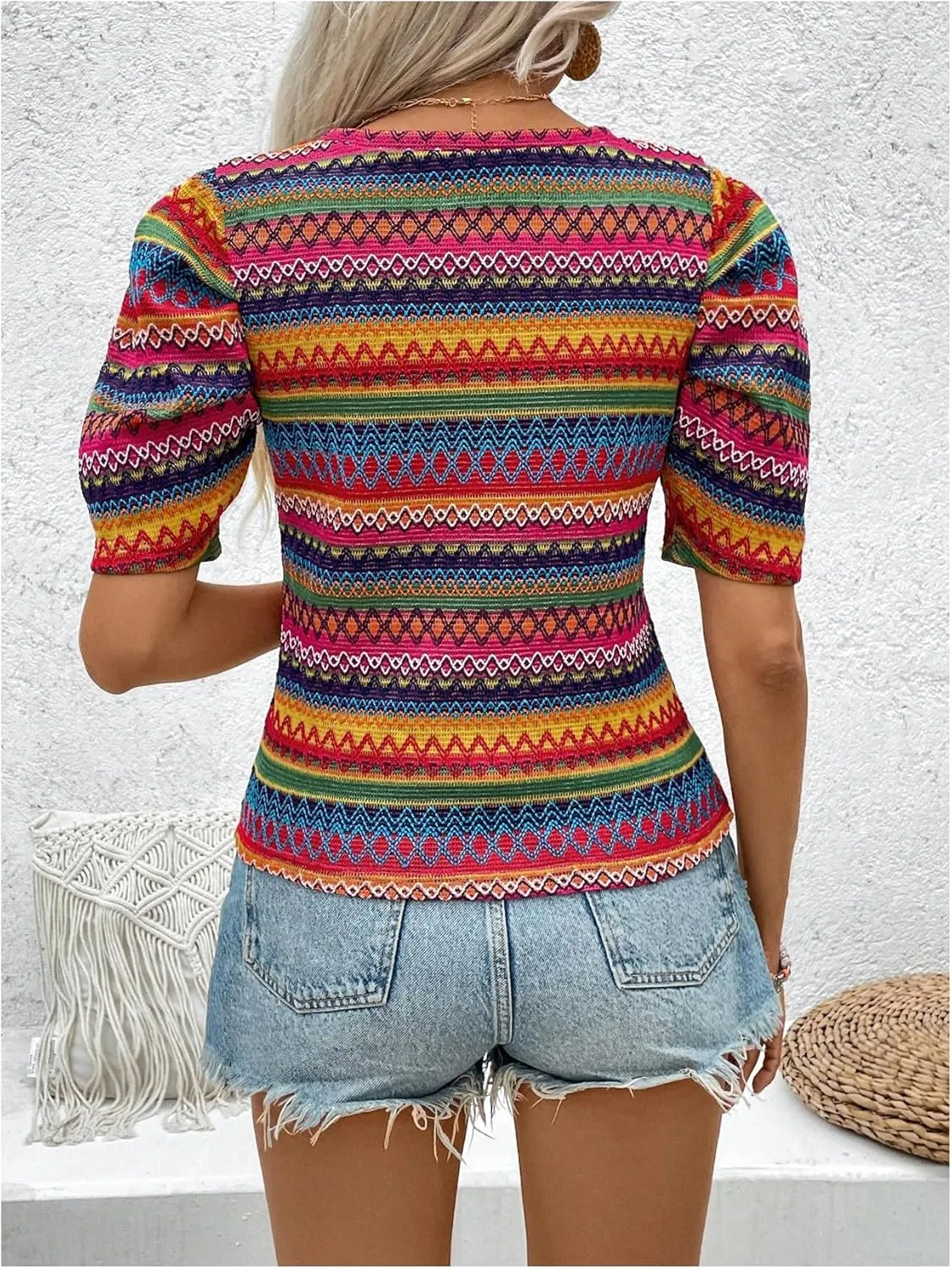 SOLY HUX Women's Boho Print T Shirt Puff Short Sleeve Round Neck Casual Summer Tee Tops