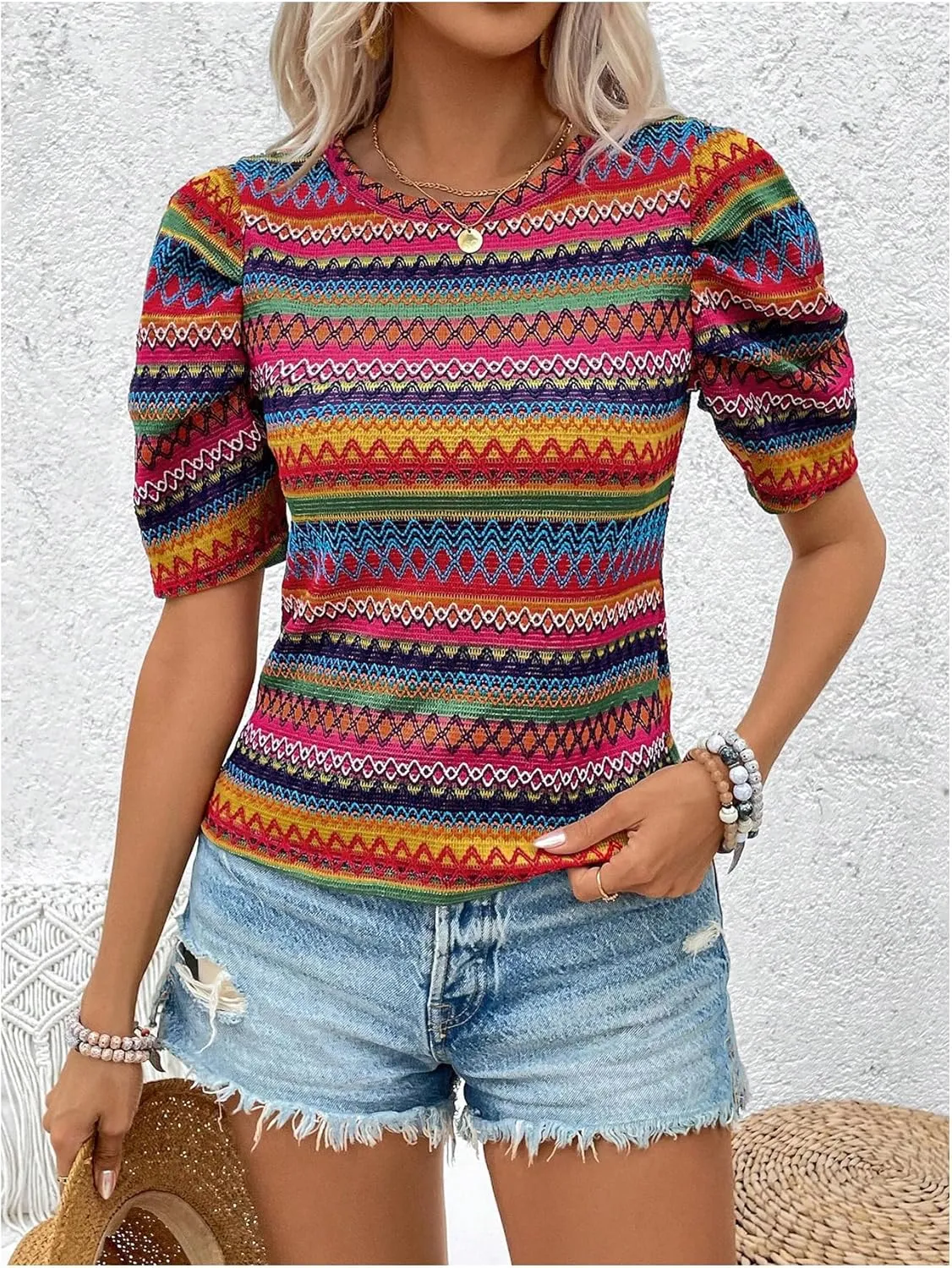 SOLY HUX Women's Boho Print T Shirt Puff Short Sleeve Round Neck Casual Summer Tee Tops