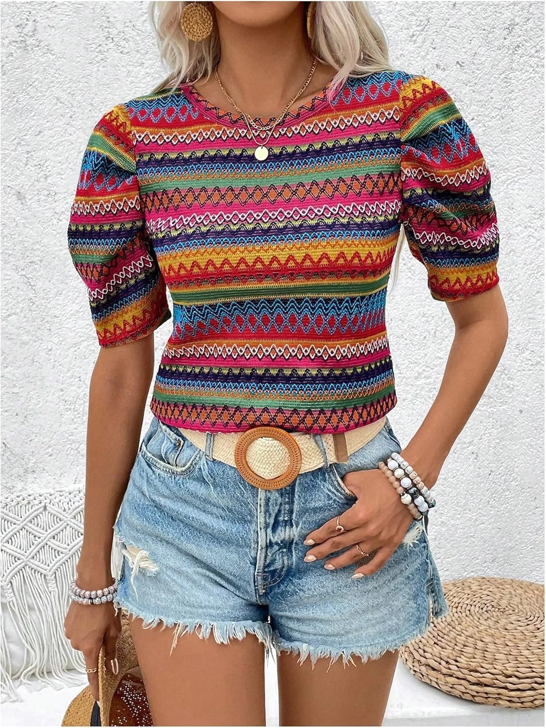 SOLY HUX Women's Boho Print T Shirt Puff Short Sleeve Round Neck Casual Summer Tee Tops
