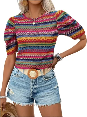 SOLY HUX Women's Boho Print T Shirt Puff Short Sleeve Round Neck Casual Summer Tee Tops