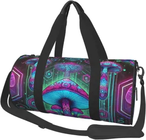 Sports Duffel Bag Cyberpunk-Neon-Mushrooms Foldable Travel Tote Bag Weekender Sleepover Carry On Bag