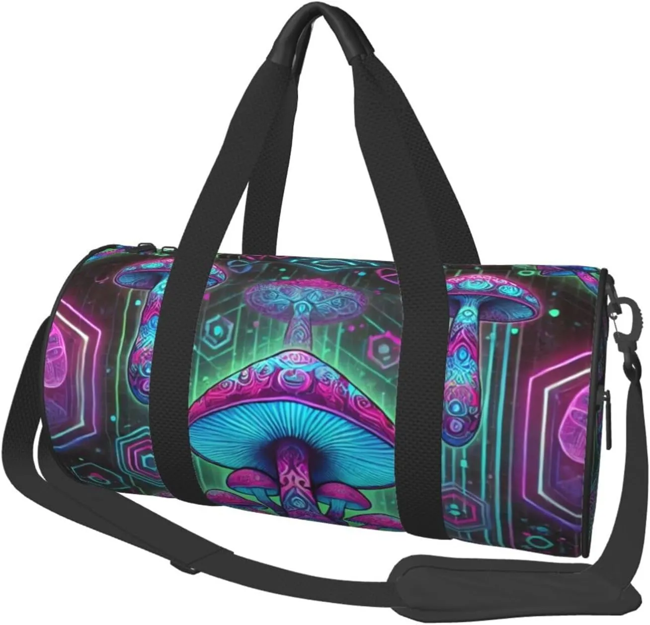 Sports Duffel Bag Cyberpunk-Neon-Mushrooms Foldable Travel Tote Bag Weekender Sleepover Carry On Bag