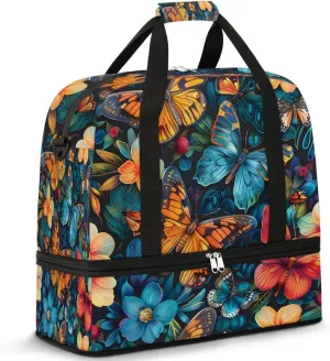 Sports Duffel Bag, Foldable Colorful Butterfly Travel Duffel Bag, Gym Yoga Beach Bag Weekender Overnight Bag with Shoes Compartment for Men Women, Boho Butterfly Flora