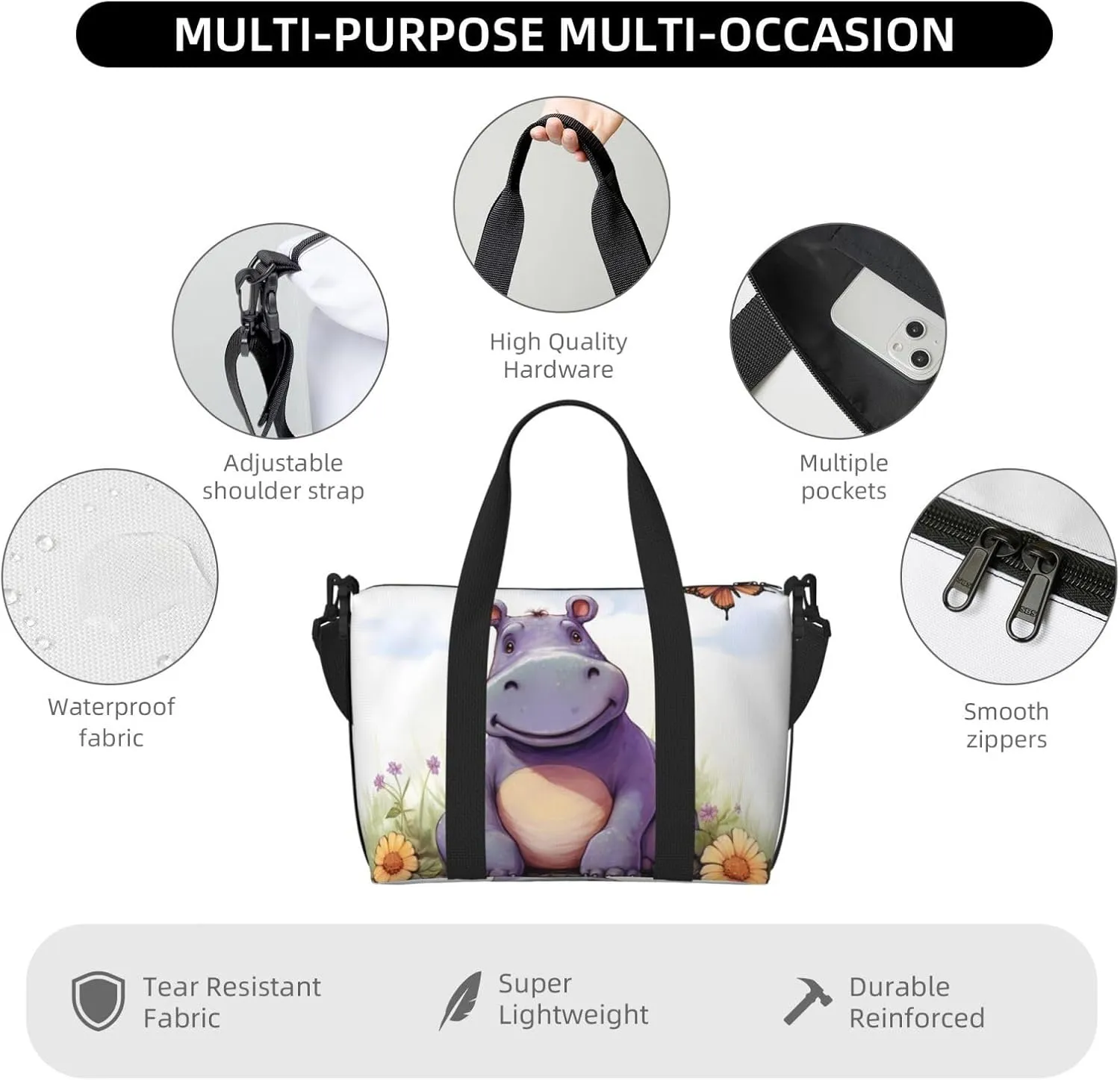 Sports Gym Bag for Women Men Travel Duffel Bag Tote Butterfly and hippo Weekender Bag Canvas Carry on Overnight Bag for Travel Swimming Fitness Workout Sports Duffle Bag