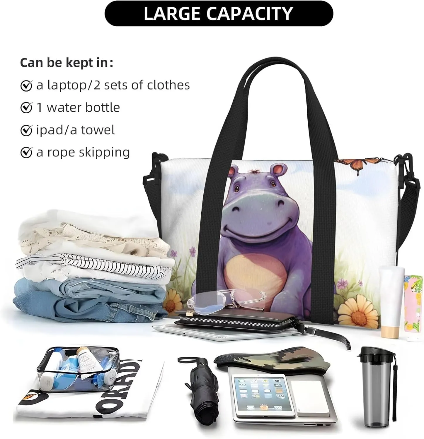 Sports Gym Bag for Women Men Travel Duffel Bag Tote Butterfly and hippo Weekender Bag Canvas Carry on Overnight Bag for Travel Swimming Fitness Workout Sports Duffle Bag