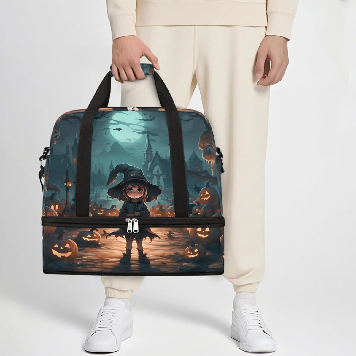 Sports Gym Bag Halloween Castle Characters Large Travel Duffel Bag With Shoe Compartment Foldable Waterproof Carry-On Weekend Travel Bags for Camping Overnight Yoga Hospital Travel Bags