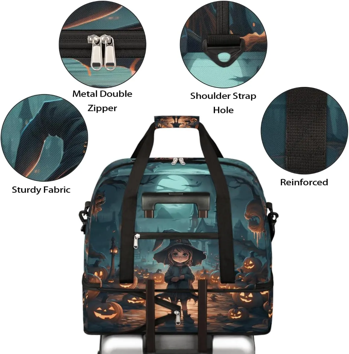 Sports Gym Bag Halloween Castle Characters Large Travel Duffel Bag With Shoe Compartment Foldable Waterproof Carry-On Weekend Travel Bags for Camping Overnight Yoga Hospital Travel Bags