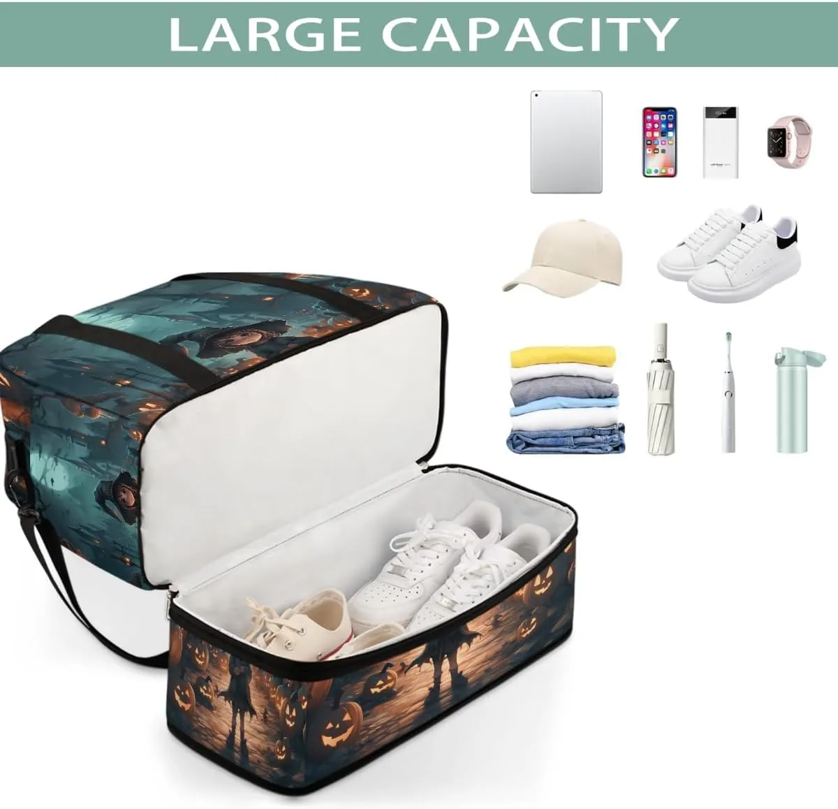 Sports Gym Bag Halloween Castle Characters Large Travel Duffel Bag With Shoe Compartment Foldable Waterproof Carry-On Weekend Travel Bags for Camping Overnight Yoga Hospital Travel Bags