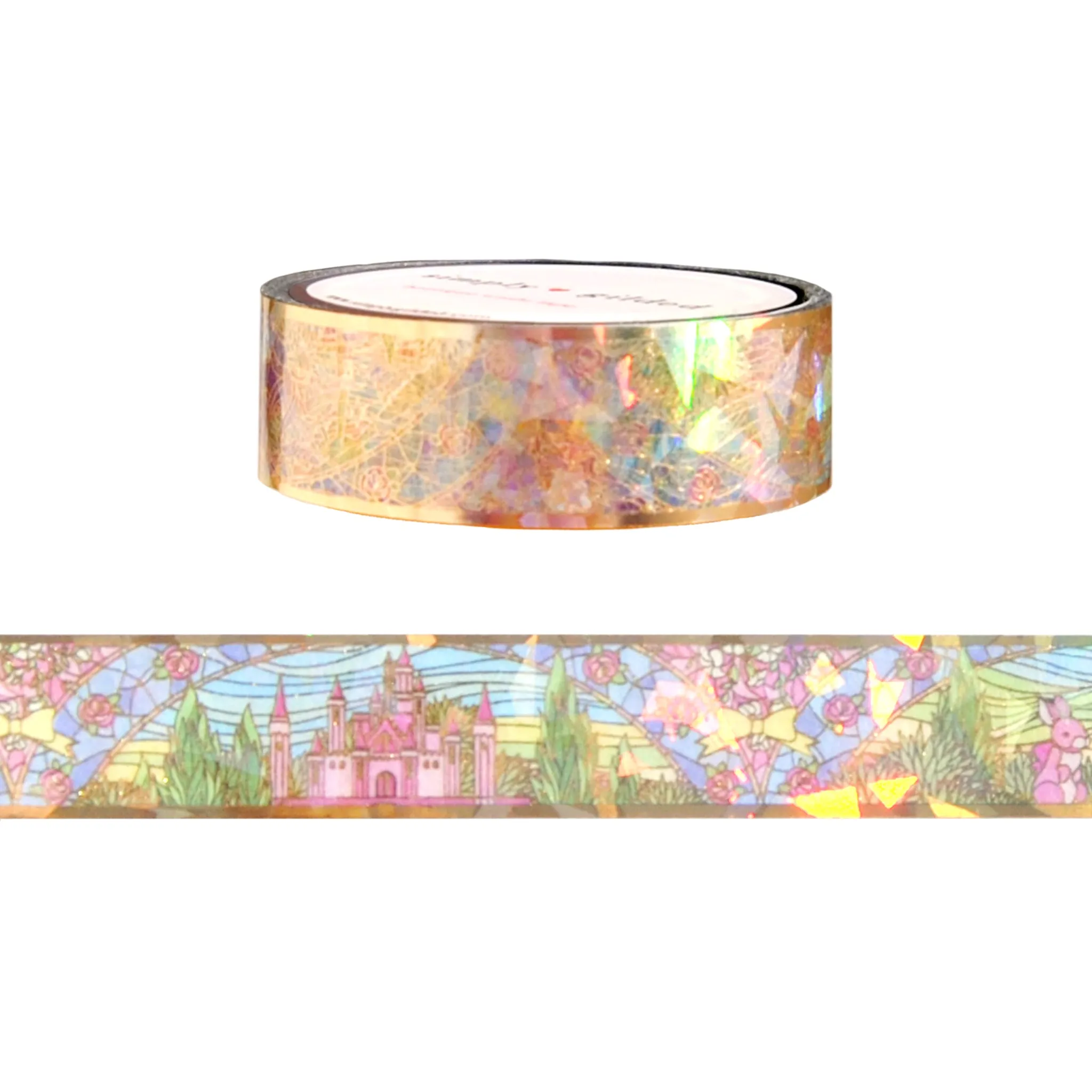 Spring Fairytale Stained Glass PET tape (15mm   light gold foil / shattered glass iridescent overlay)