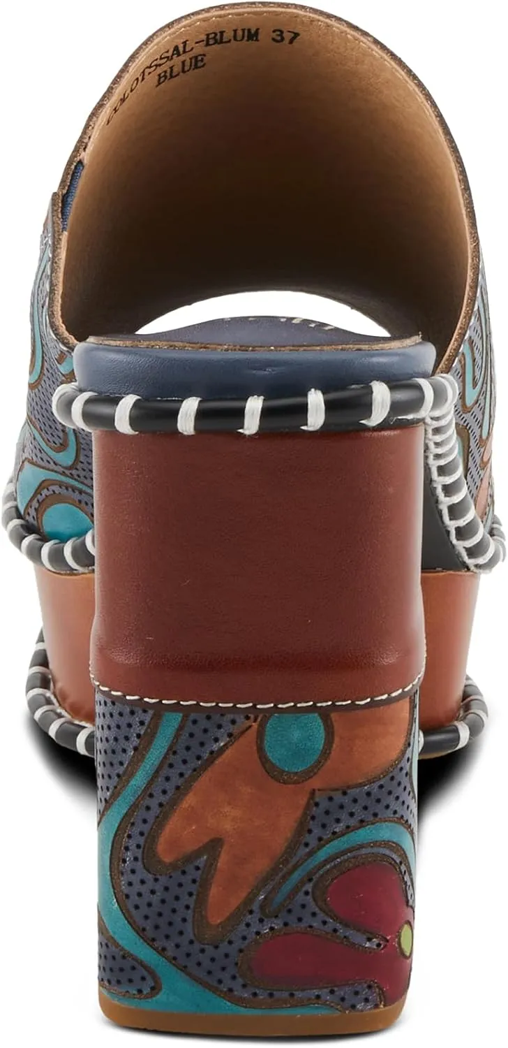 Spring Step L'Artiste Women's COLOSSAL Retro Platform Slides - Hand-Painted Flower Design, Leather-Wrapped Heel