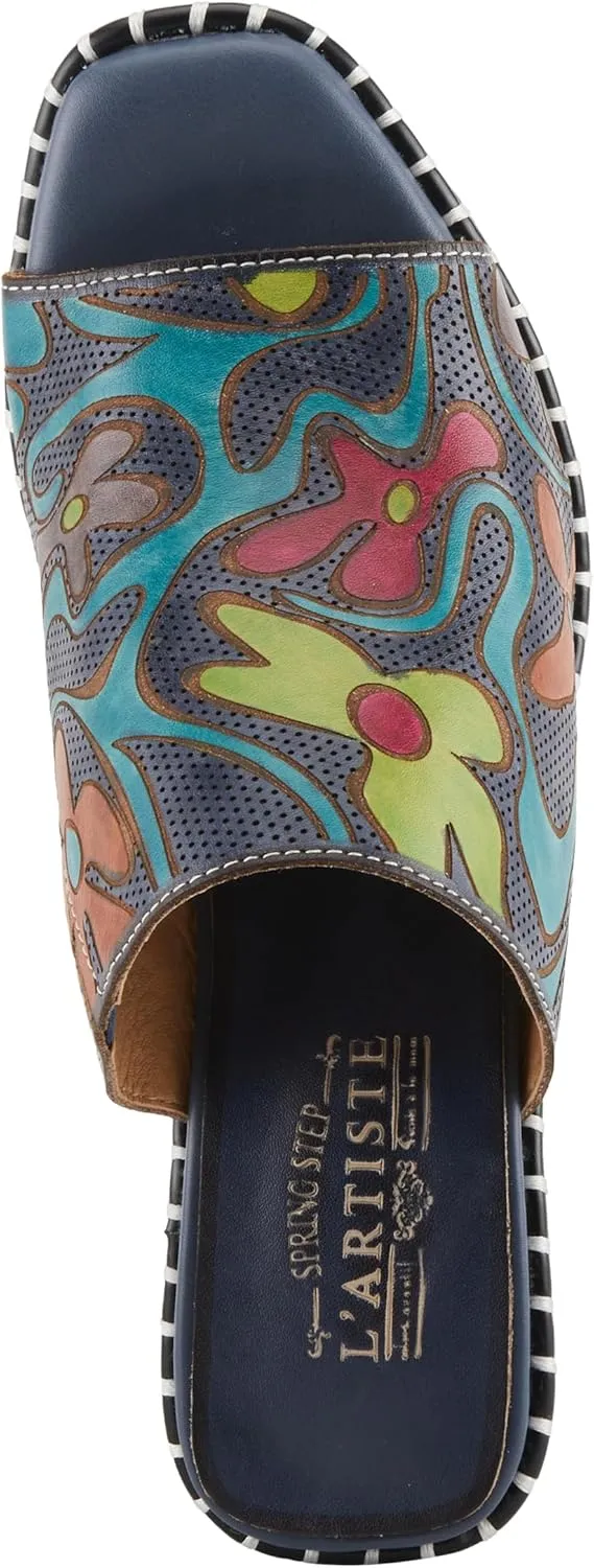 Spring Step L'Artiste Women's COLOSSAL Retro Platform Slides - Hand-Painted Flower Design, Leather-Wrapped Heel