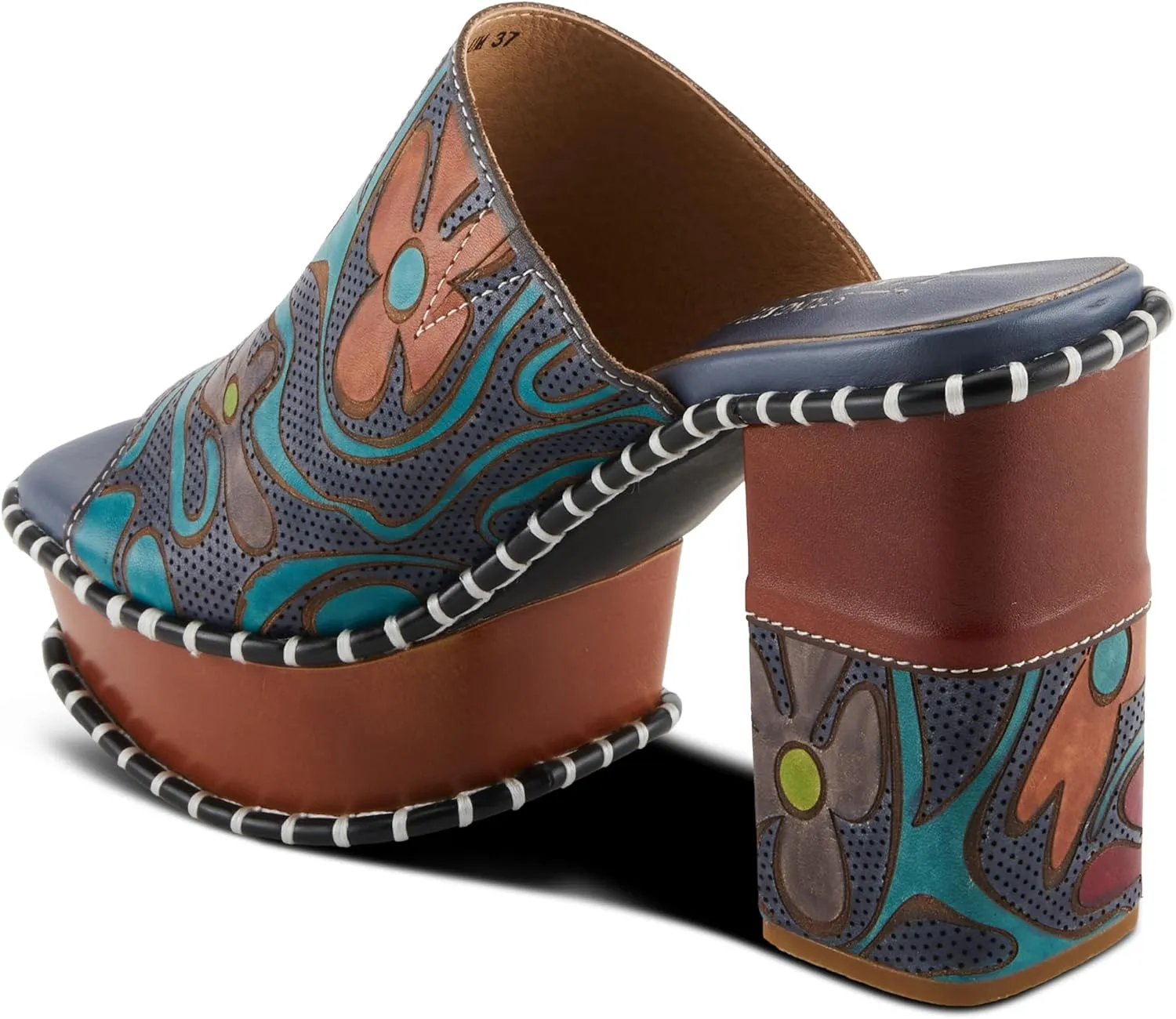 Spring Step L'Artiste Women's COLOSSAL Retro Platform Slides - Hand-Painted Flower Design, Leather-Wrapped Heel