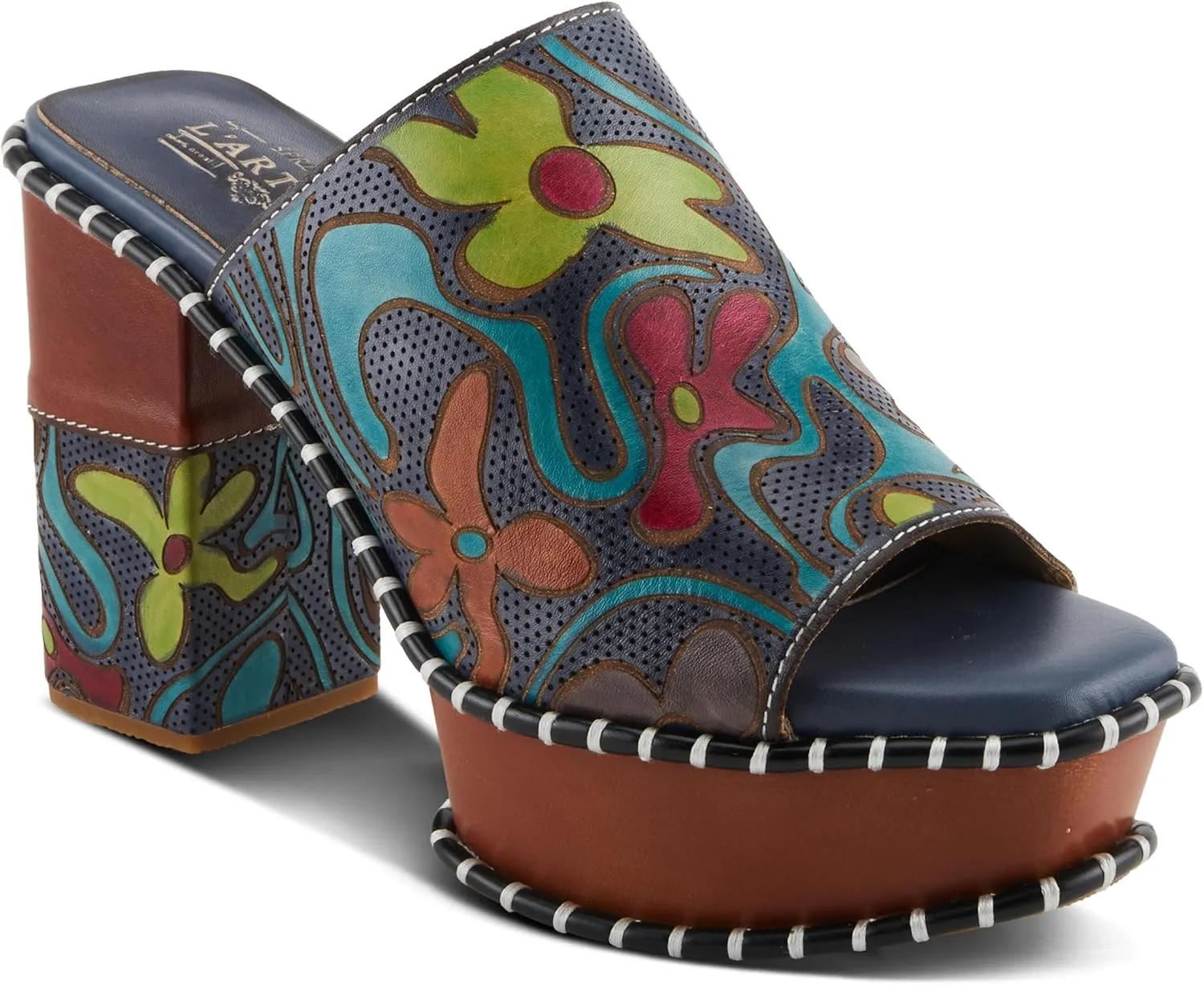 Spring Step L'Artiste Women's COLOSSAL Retro Platform Slides - Hand-Painted Flower Design, Leather-Wrapped Heel