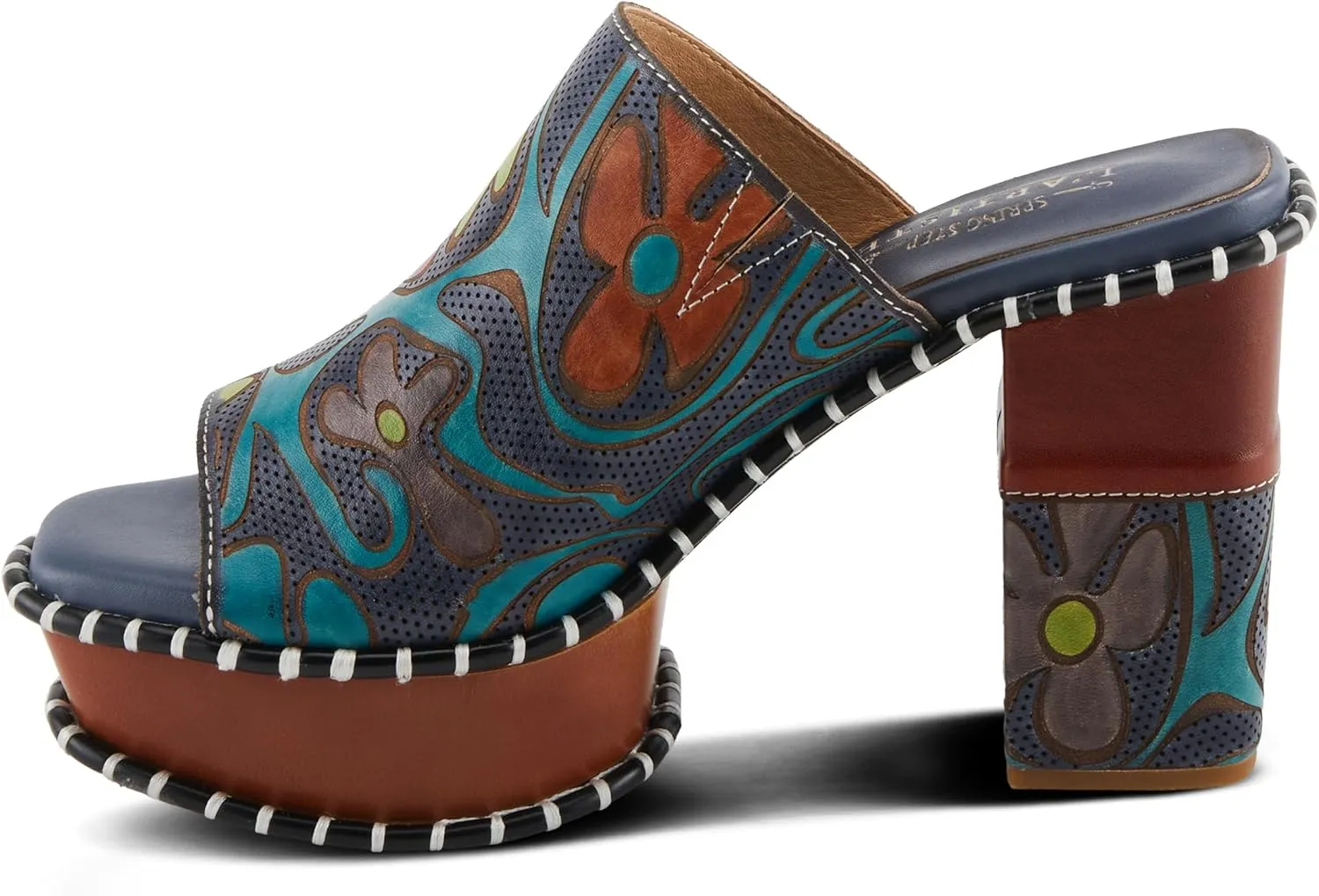 Spring Step L'Artiste Women's COLOSSAL Retro Platform Slides - Hand-Painted Flower Design, Leather-Wrapped Heel