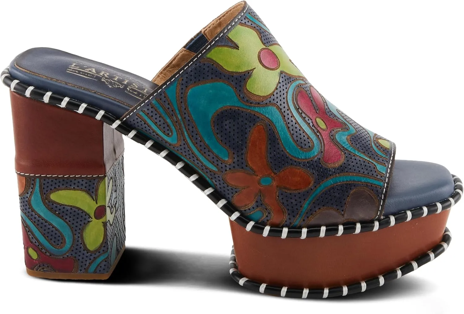 Spring Step L'Artiste Women's COLOSSAL Retro Platform Slides - Hand-Painted Flower Design, Leather-Wrapped Heel
