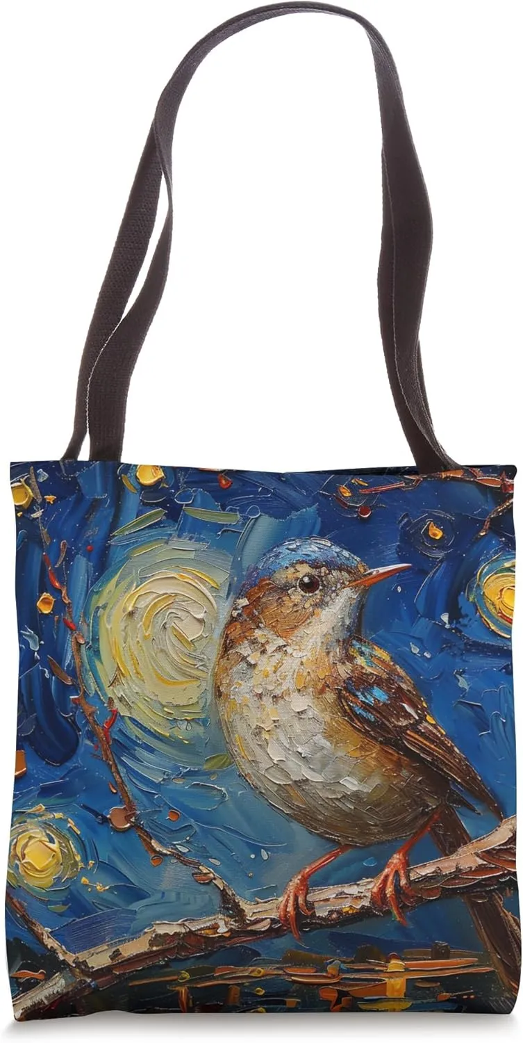 Starry Night Van Gogh Style House Wren Lover Portrait Tote Bag