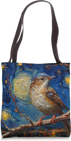 Starry Night Van Gogh Style House Wren Lover Portrait Tote Bag