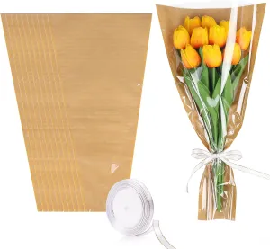 STEFORD 50Pcs Flower Bags for Bouquets Kraft Floral Sleeves Wrapping Paper with Ribbons for Mother's Day, Wedding, Birthday Graduation Florist Wrap Supplies, 9.8x17.9 Inch
