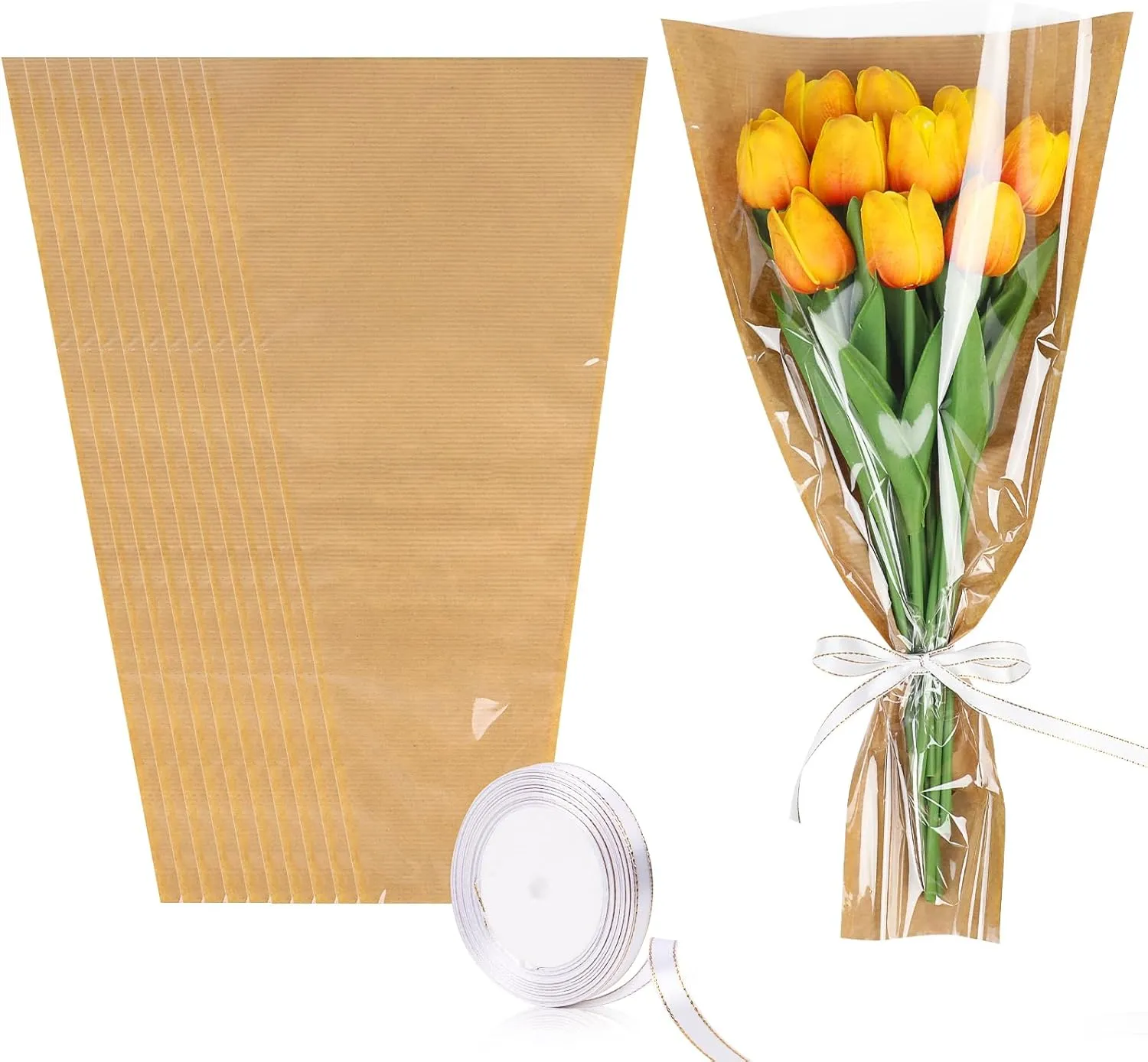 STEFORD 50Pcs Flower Bags for Bouquets Kraft Floral Sleeves Wrapping Paper with Ribbons for Mother's Day, Wedding, Birthday Graduation Florist Wrap Supplies, 9.8x17.9 Inch