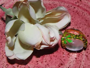 Sterling Ring, Domed Mother of Pearl w/ Enamel sz 7