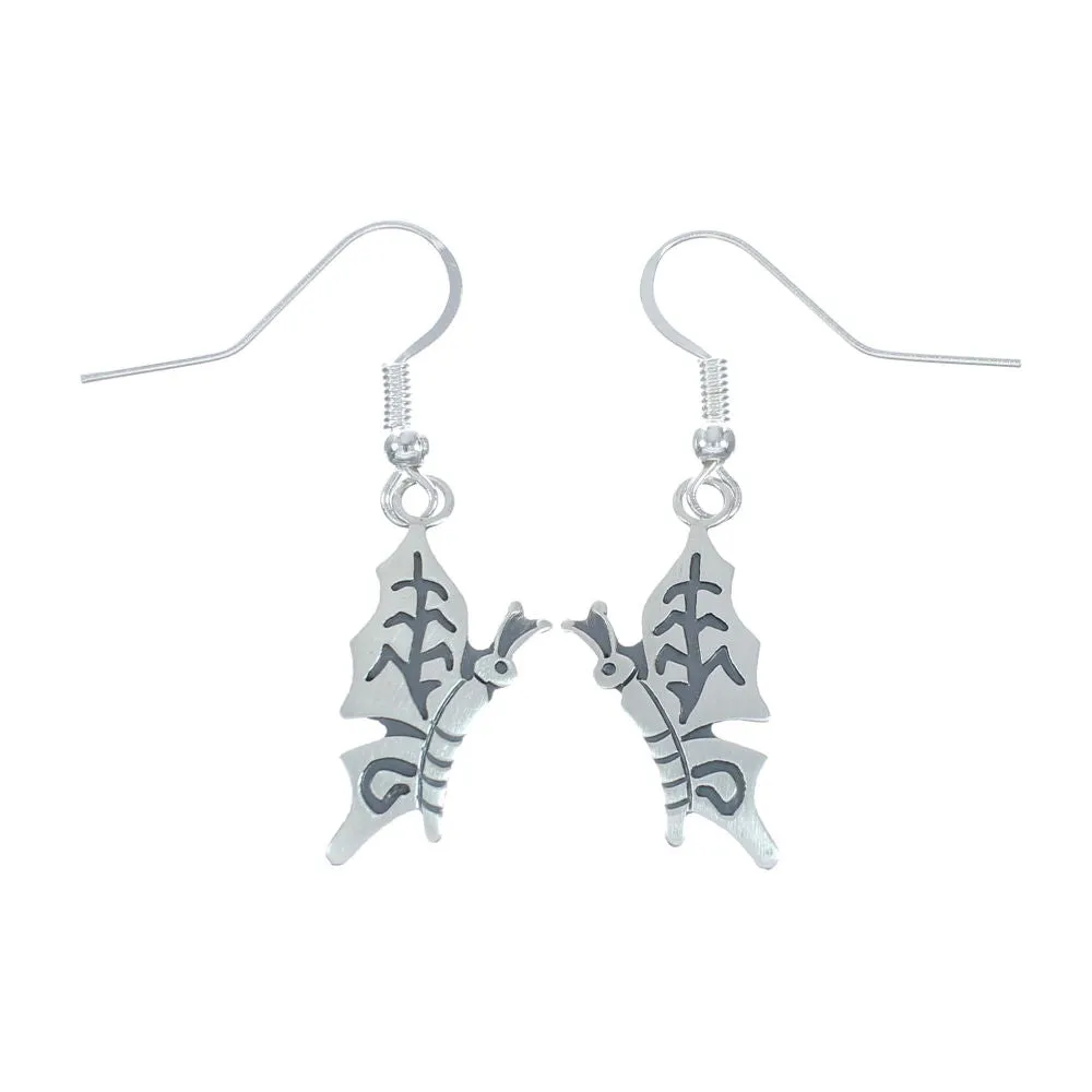 Sterling Silver Overlay Butterfly Heart Navajo Hook Dangle Earrings X10075